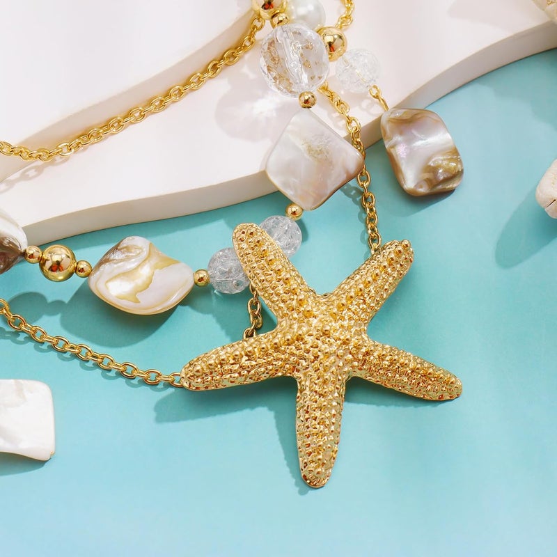 Bocar Statement Shell Bib Choker Necklace for Women Chunky Natural Freshwater Shell Conch Starfish Pearl Pendent Costume Collar Beach Necklace - Image 4